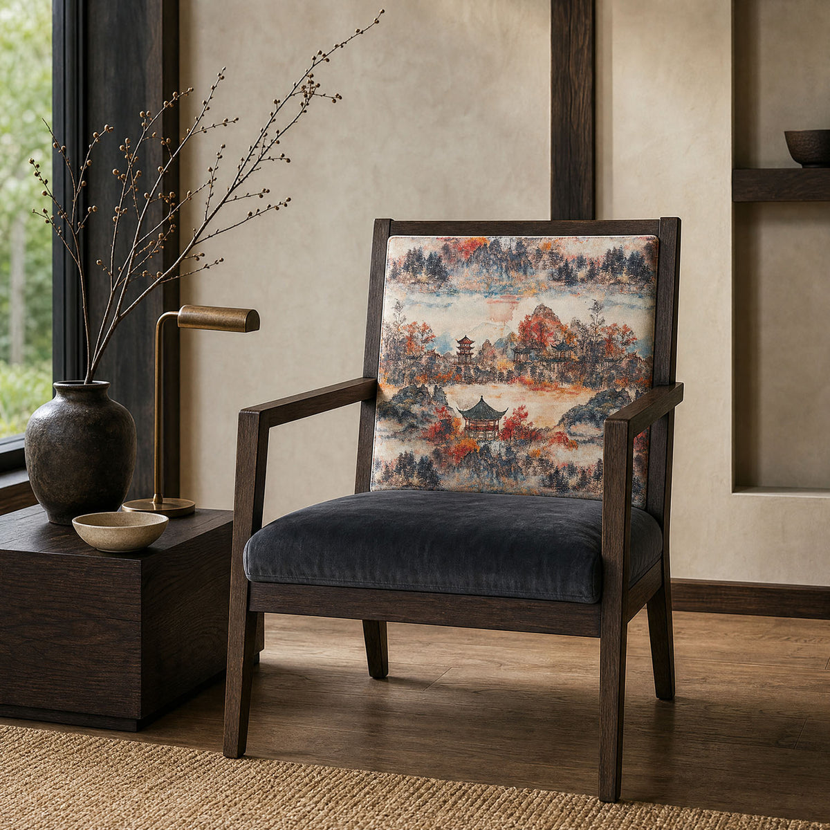 Mori No.2 Crib5 velvet fabric shown on upholstered chair for statement contract interiors