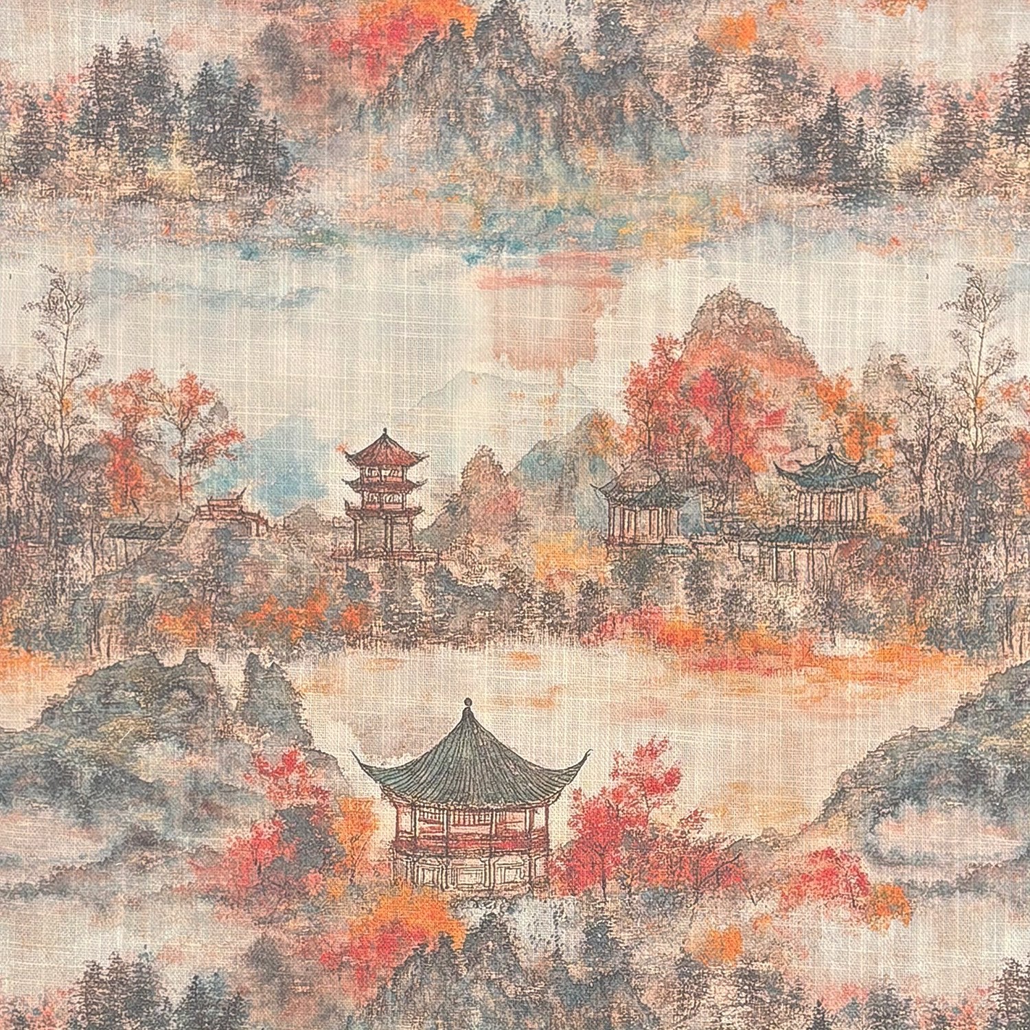 Close-up of Mori No.2 upholstery fabric – painterly Asian landscape in autumn tones
