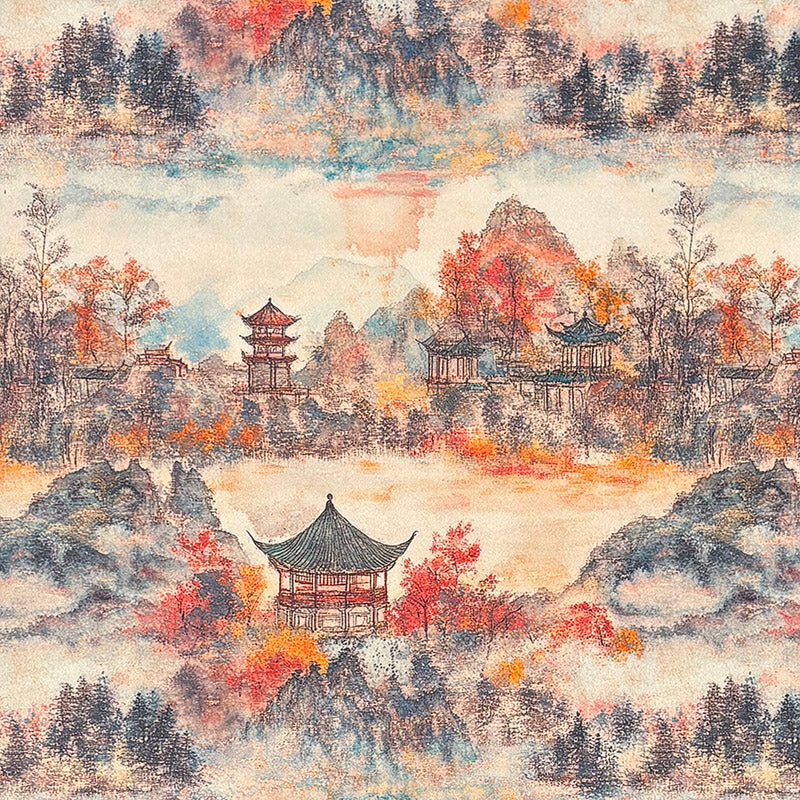 Mori No.2 neutral orange Crib5 velvet fabric with Japanese scenic landscape print