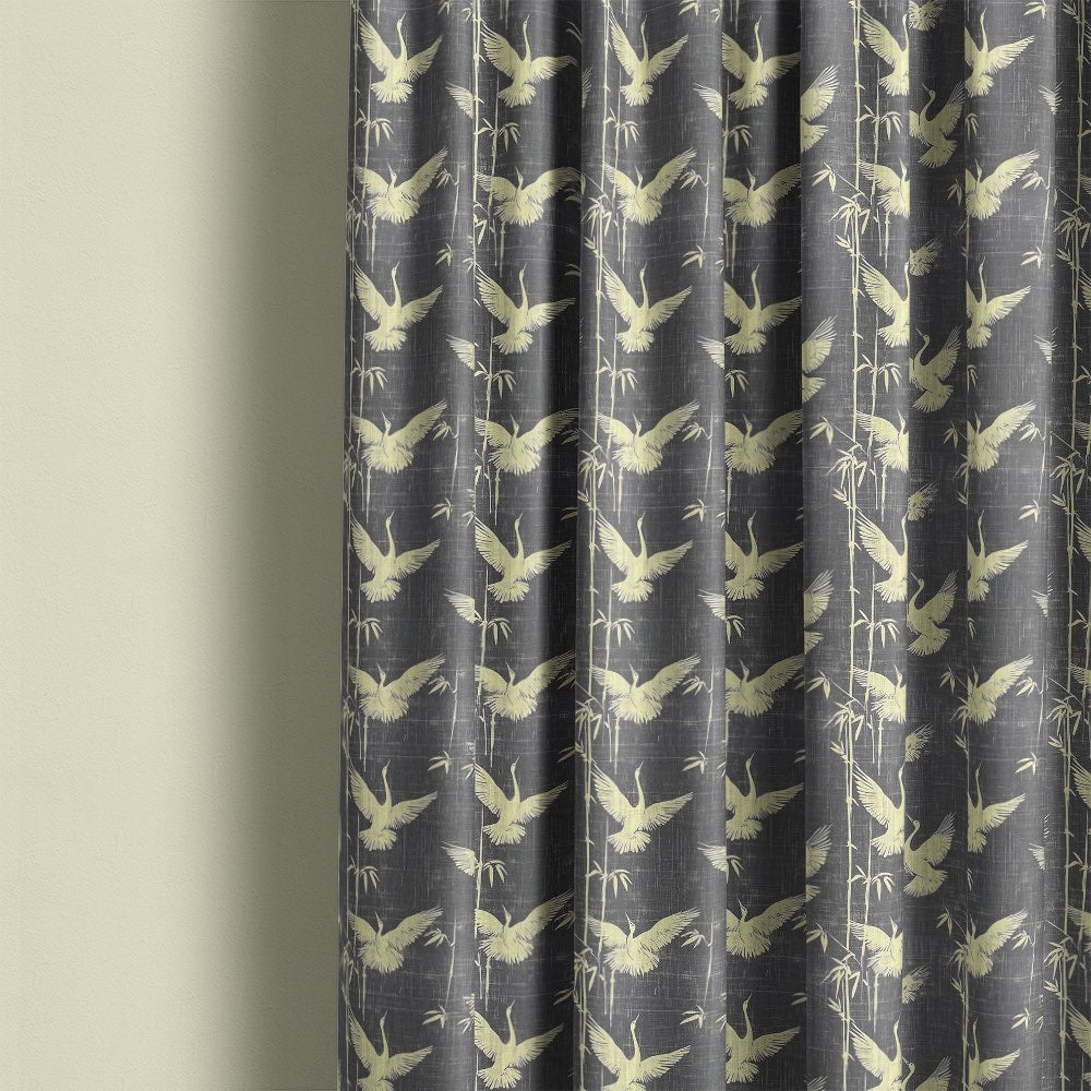 Mori No.3 Japanese curtain fabric showing crane bird pattern in charcoal with soft linen drape