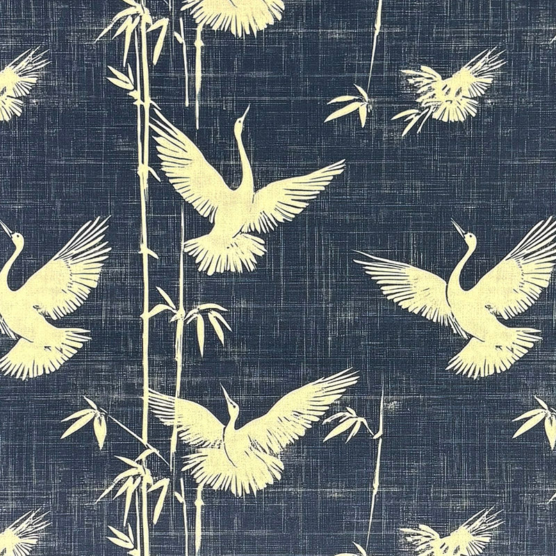 Mori No.3 navy black Crib5 velvet fabric with Japanese crane and bamboo print