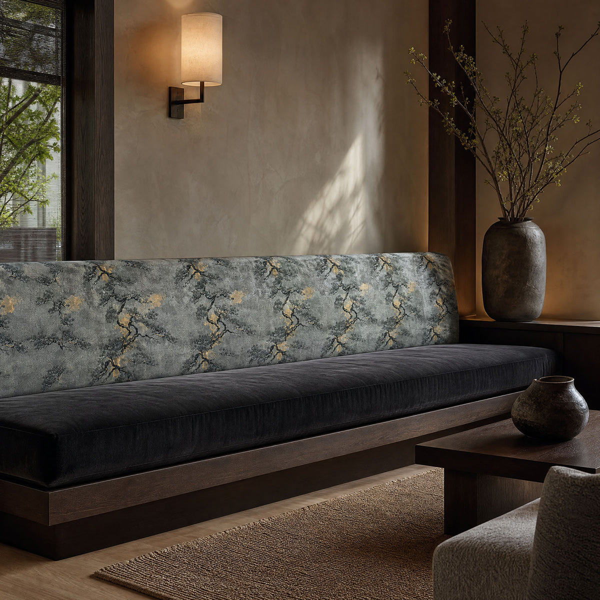Mori No.4 Crib5 velvet fabric shown on upholstered bench back for contract interiors