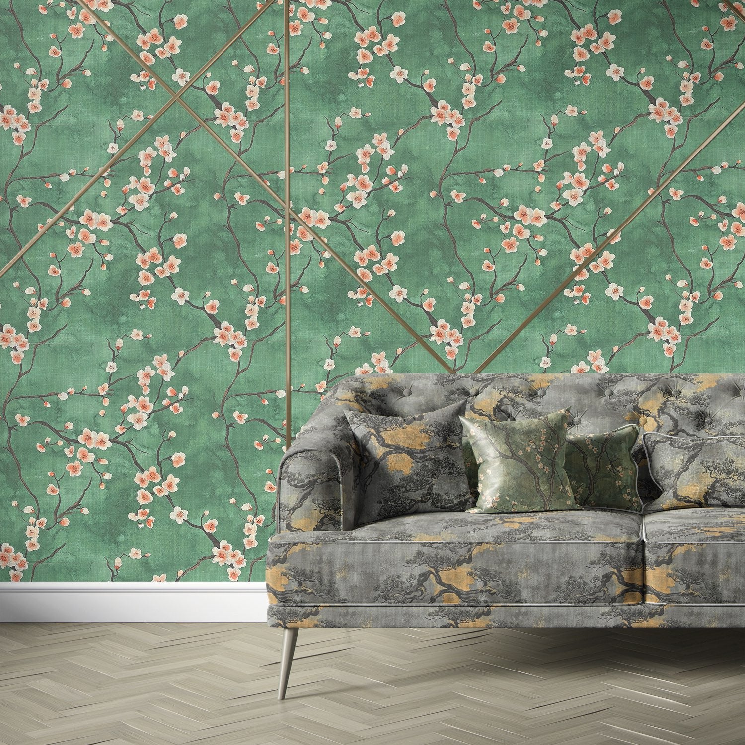 Mori No.4 grey scenic linen blend upholstery fabric on sofa with green cherry blossom wallpaper