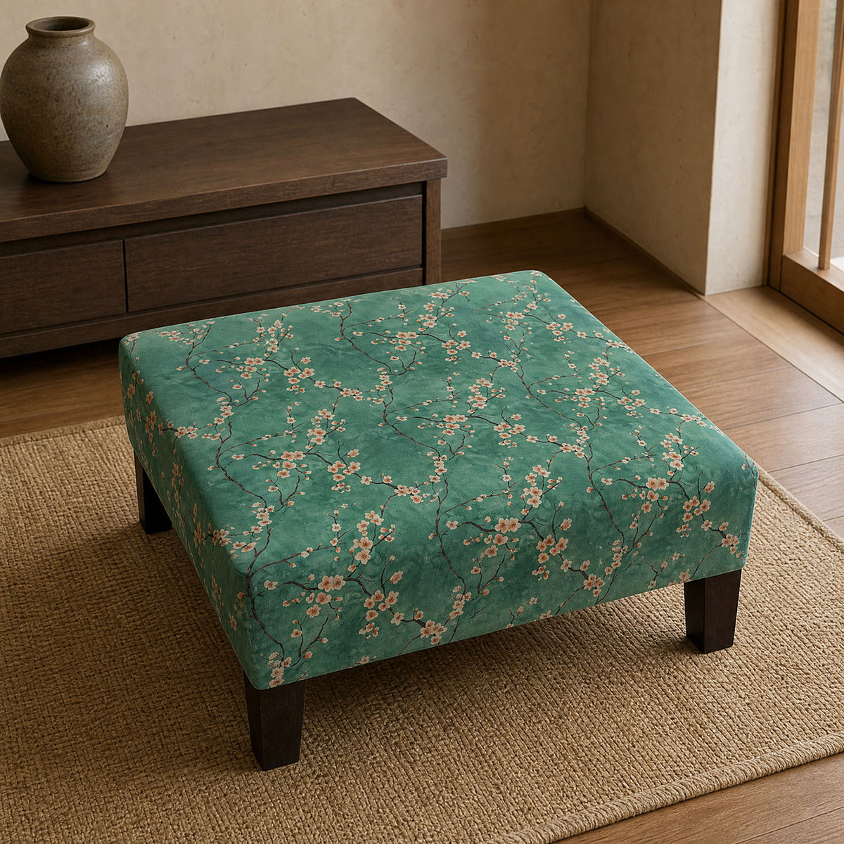 Mori No.5 green blossom Crib5 velvet fabric shown on upholstered stool