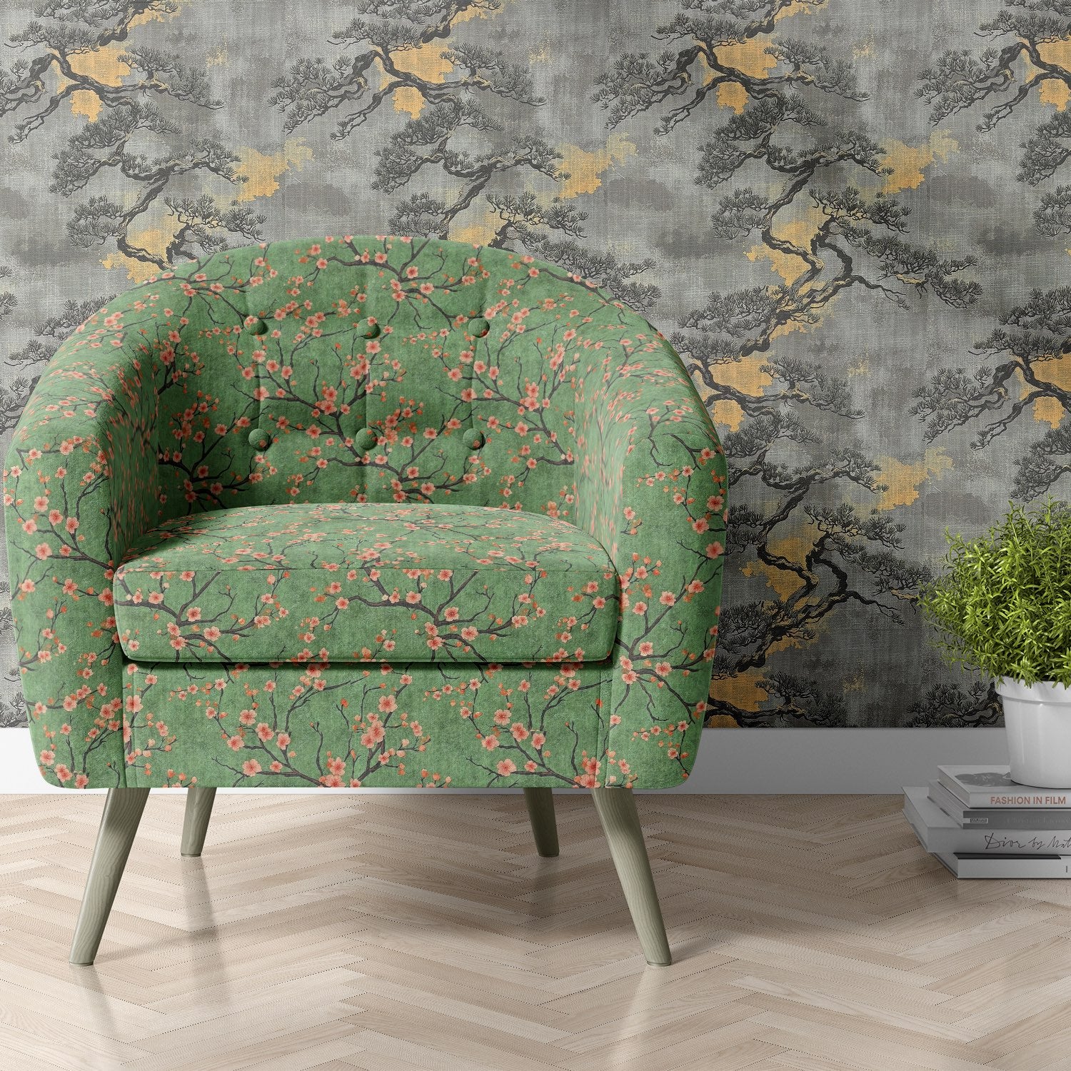 Upholstered armchair in Mori No.6 green blossom upholstery fabric