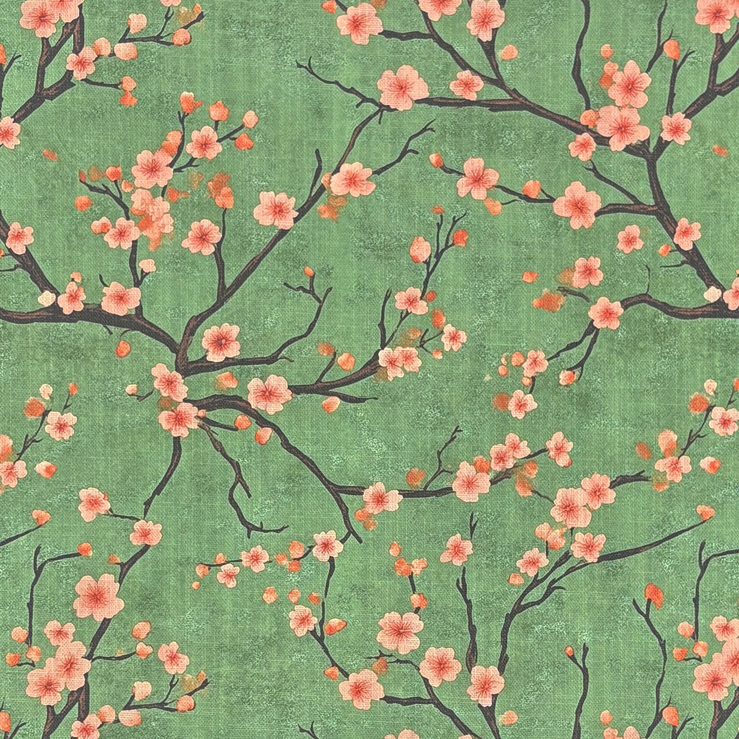 Close-up of Mori No.6 green upholstery fabric with coral floral branches