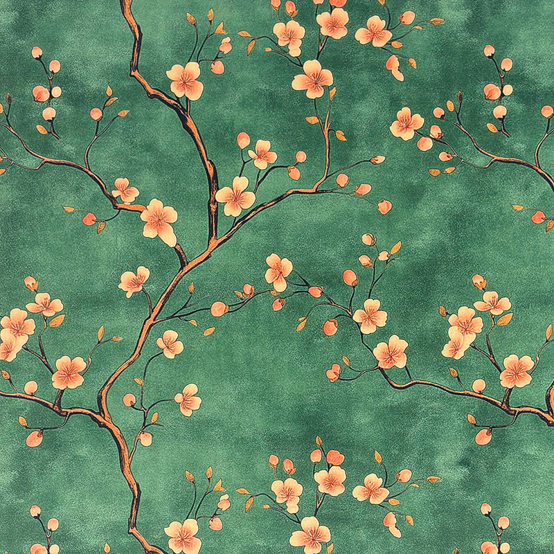 Mori No.7 deep green Crib5 velvet fabric with Japanese blossom branch print