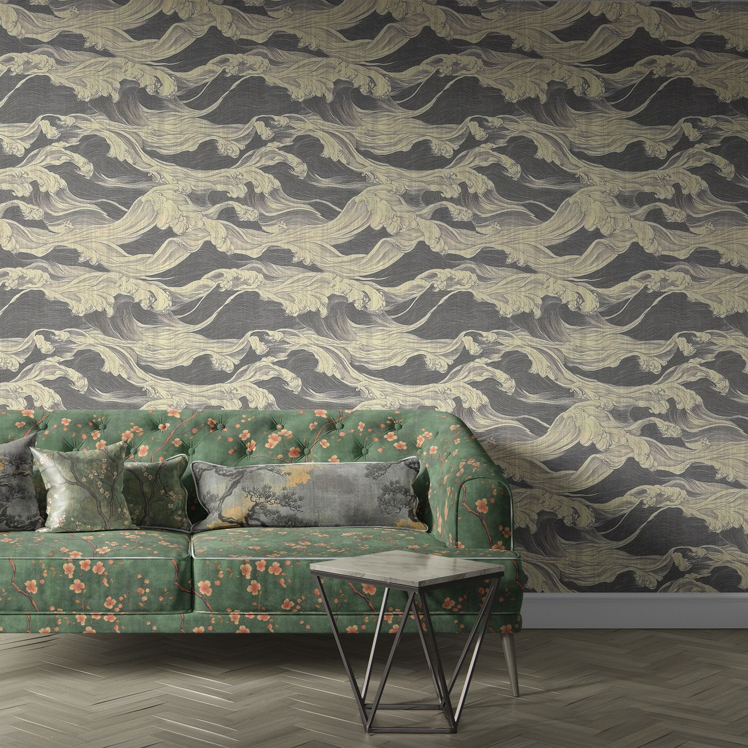 Mori No.7 green floral upholstery fabric on tufted sofa – in-situ styled with wave wallpaper