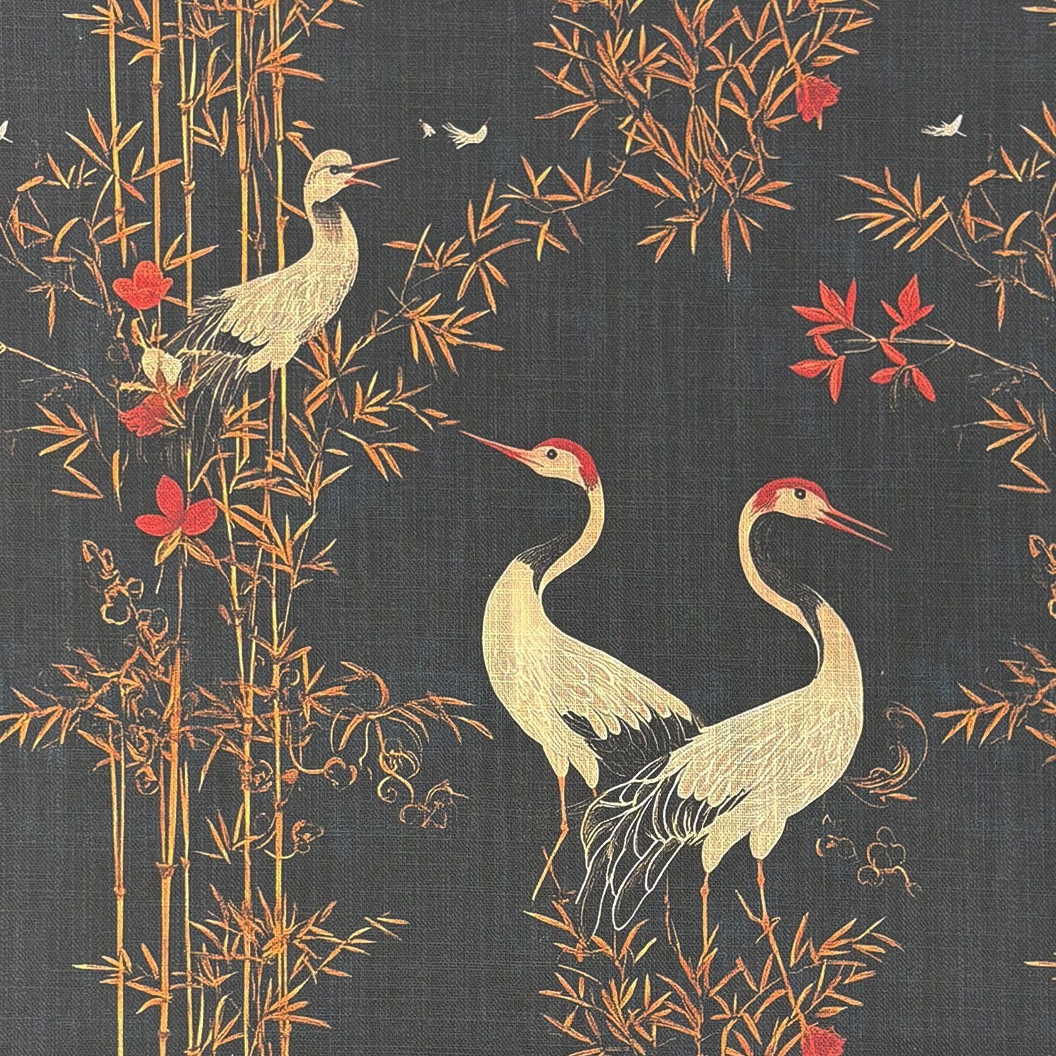Flat shot of Mori No.8 upholstery fabric featuring cranes, bamboo, and foliage design