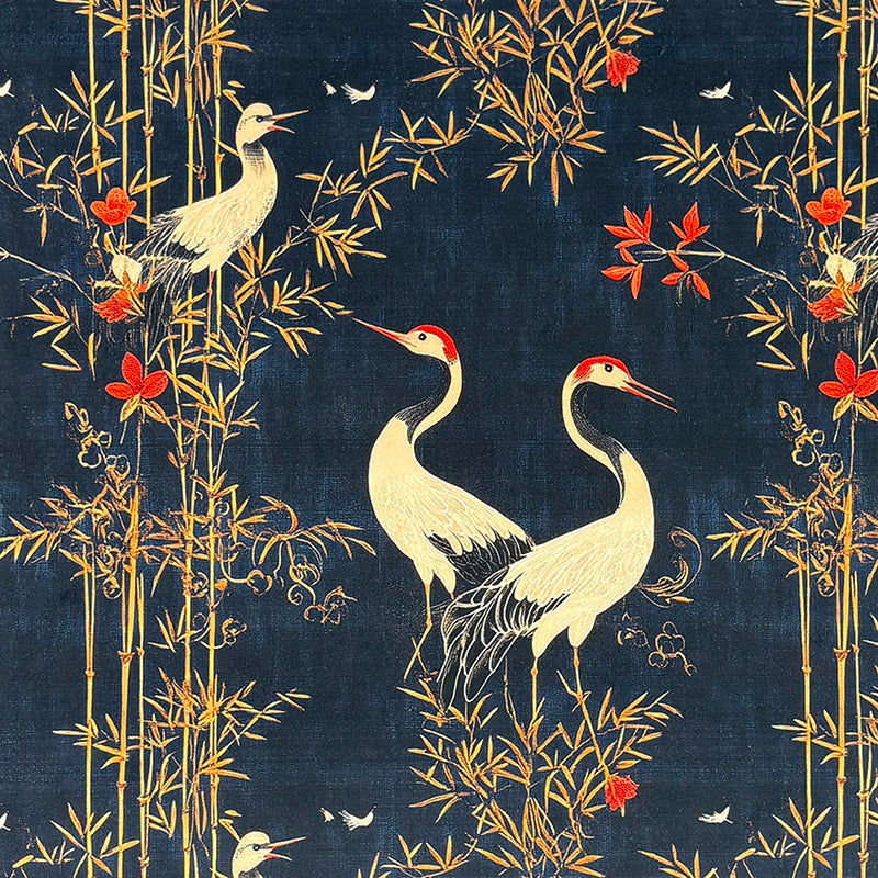 Mori No.8 navy Crib5 velvet fabric with Japanese crane bird and bamboo print