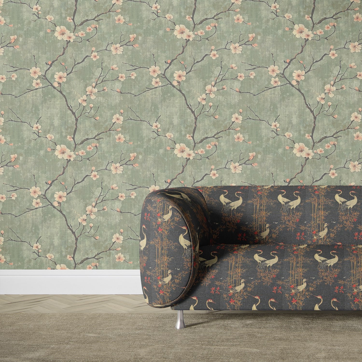  Mori No.8 upholstery fabric styled on a curved sofa with crane and bamboo print