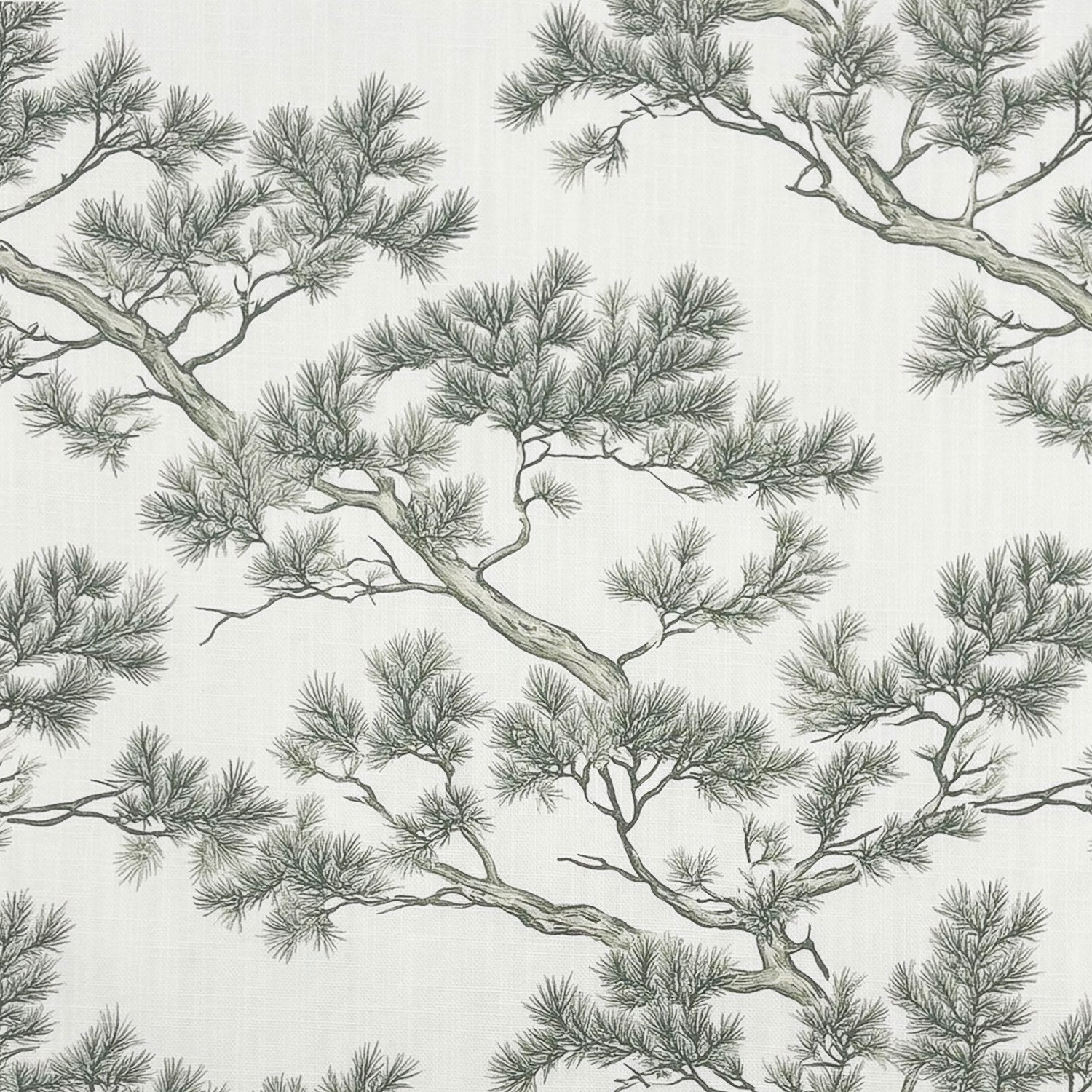 Close-up of Mori No.9 linen blend upholstery fabric showing pine branch illustration