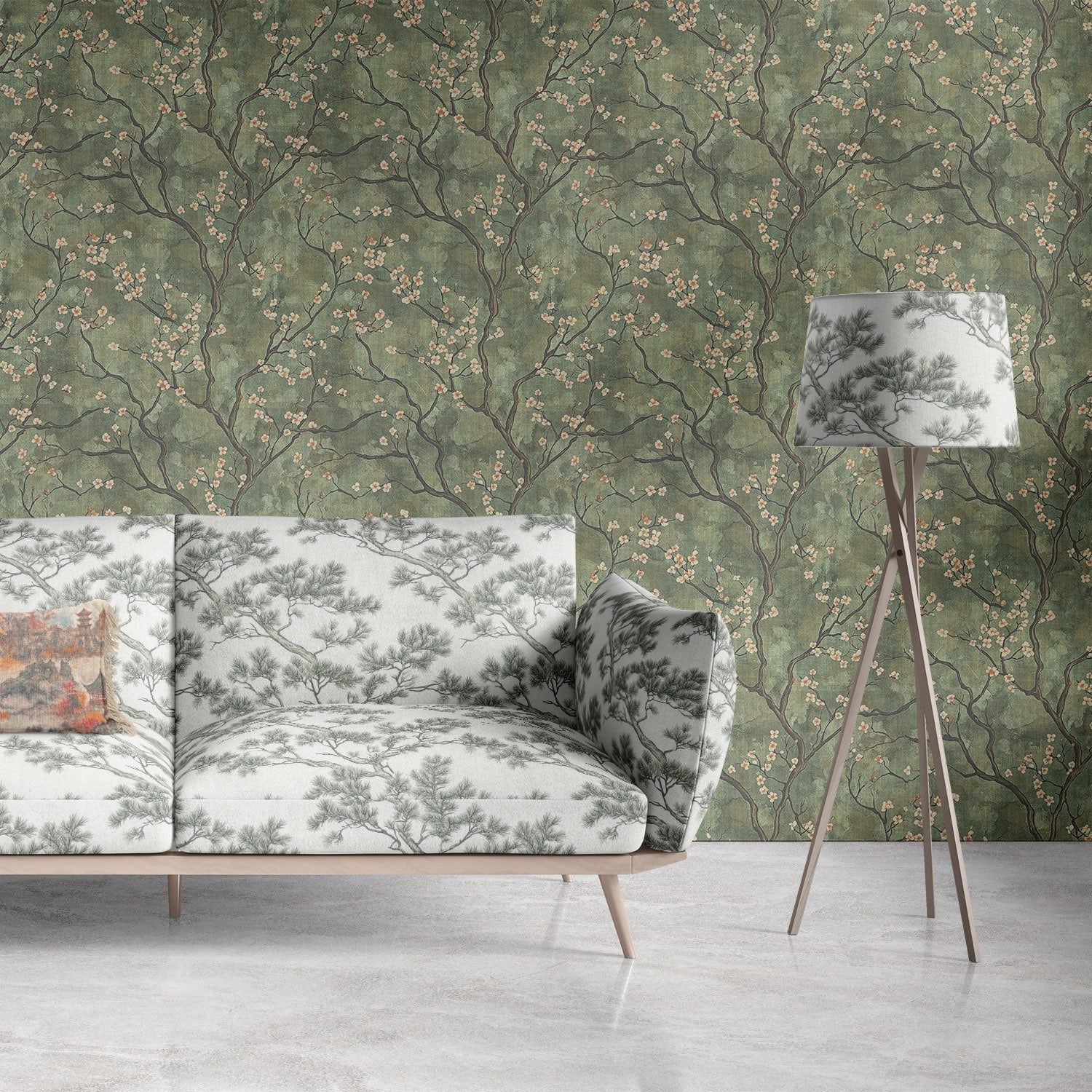 Mori No.9 green and white pine design upholstery fabric used on a modern sofa