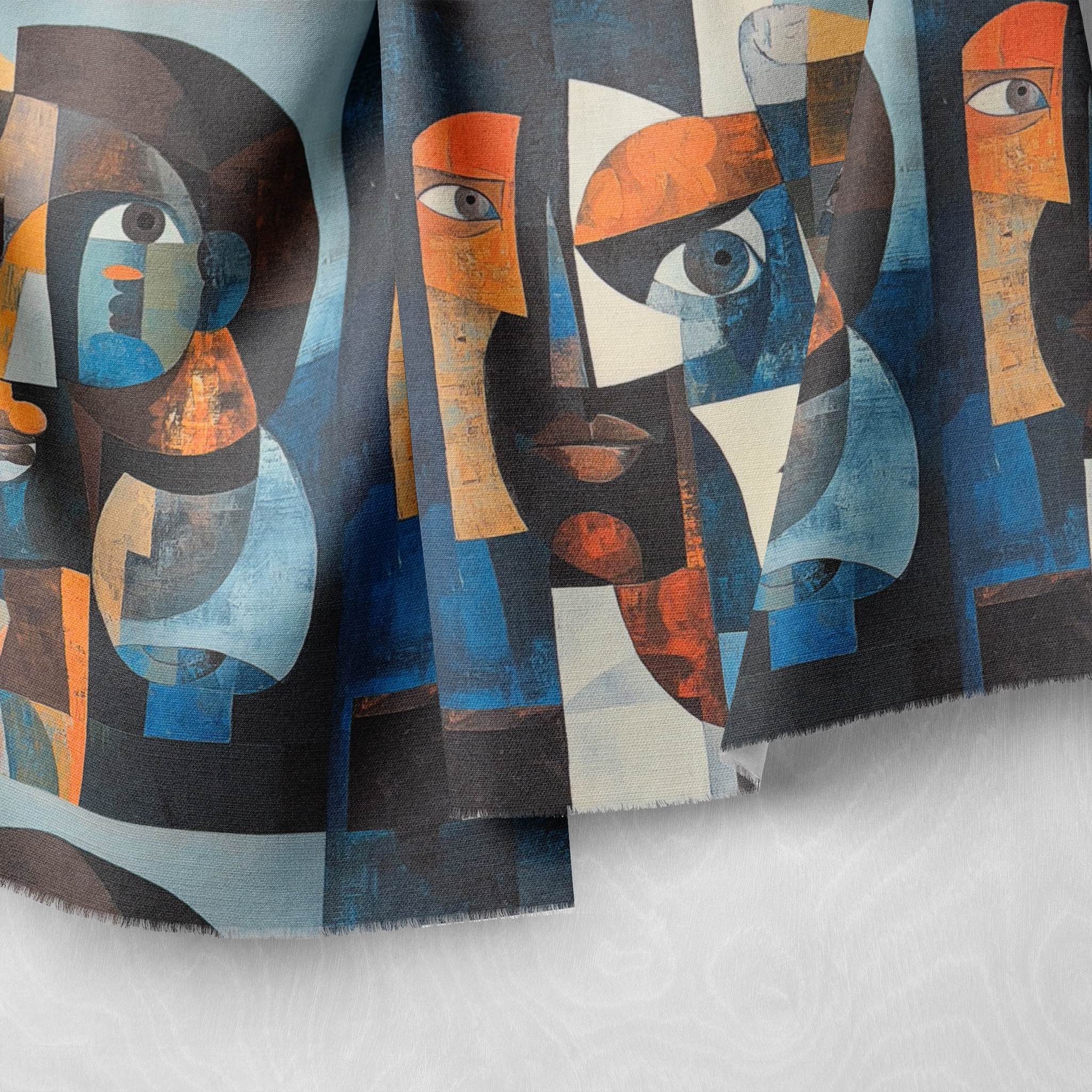 Draped view of Mougin No.16 upholstery fabric showing layered Picasso-style abstract forms in cool and warm tones