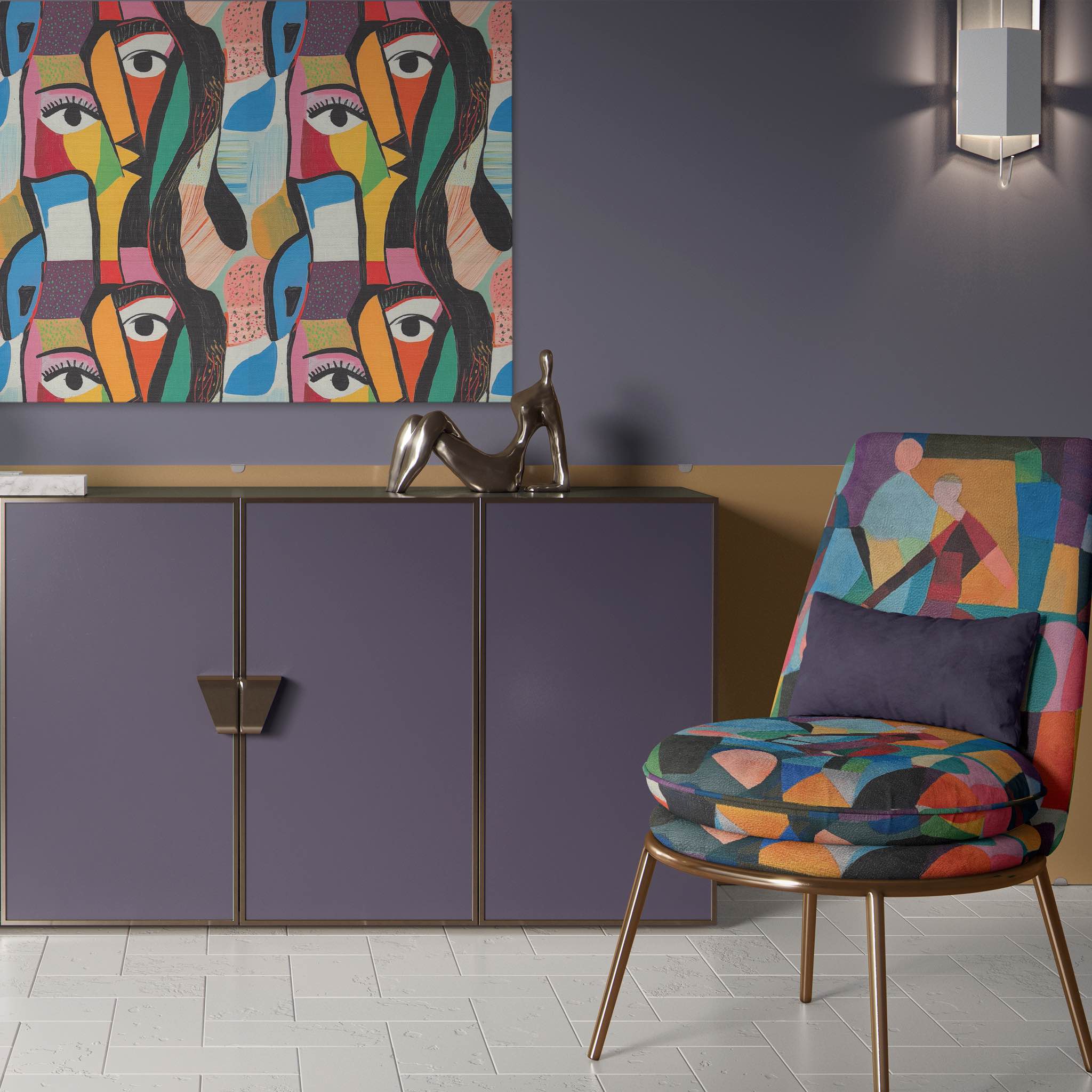 Accent chair upholstered in Mougin No.1 with Picasso-inspired geometric pattern Upholstery fabric