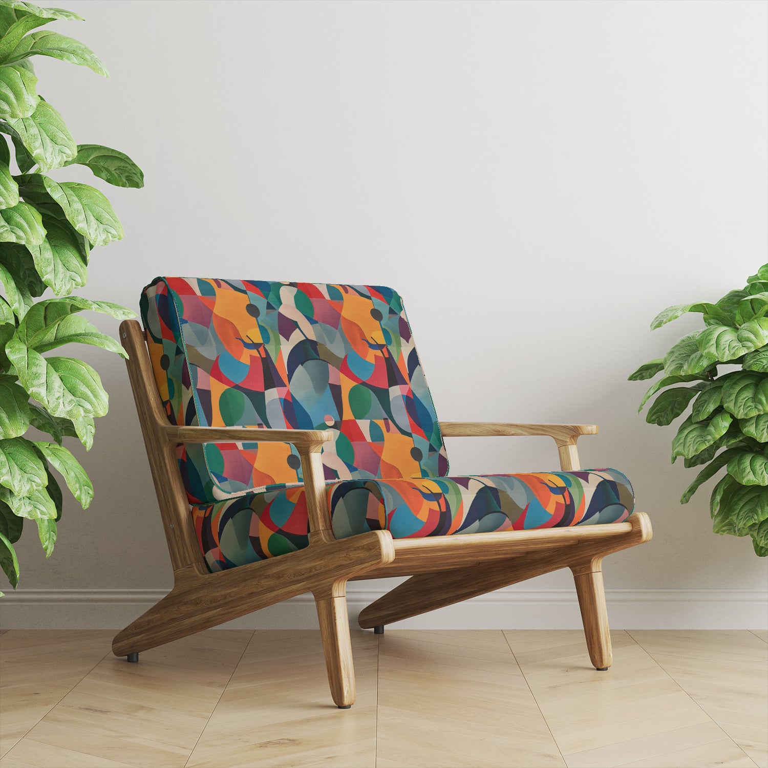 Sofa upholstered in Mougin No.3 luxury fabric showing bold circular and curving forms
