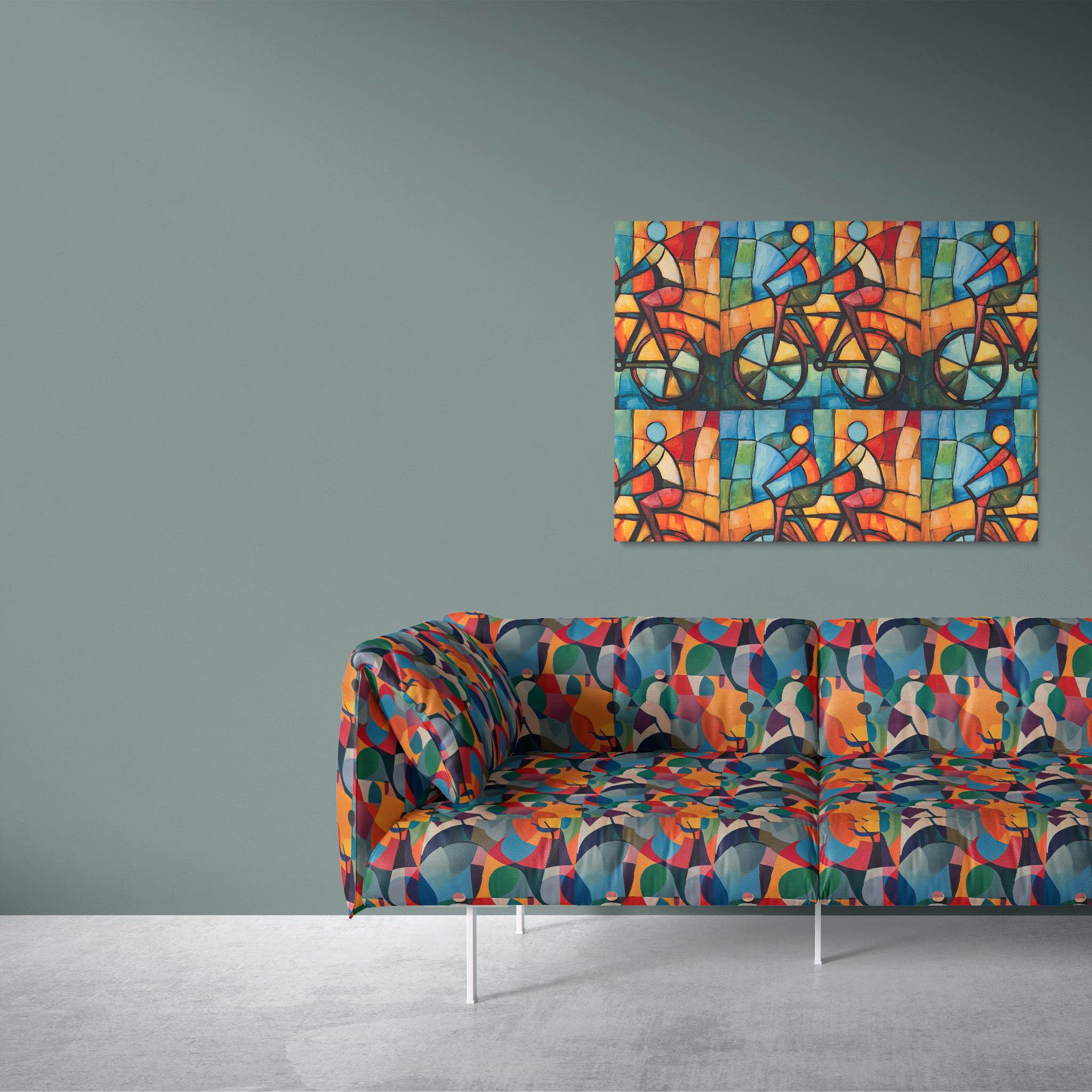 Sofa upholstered in Mougin No.3 luxury fabric showing bold circular and curving forms
