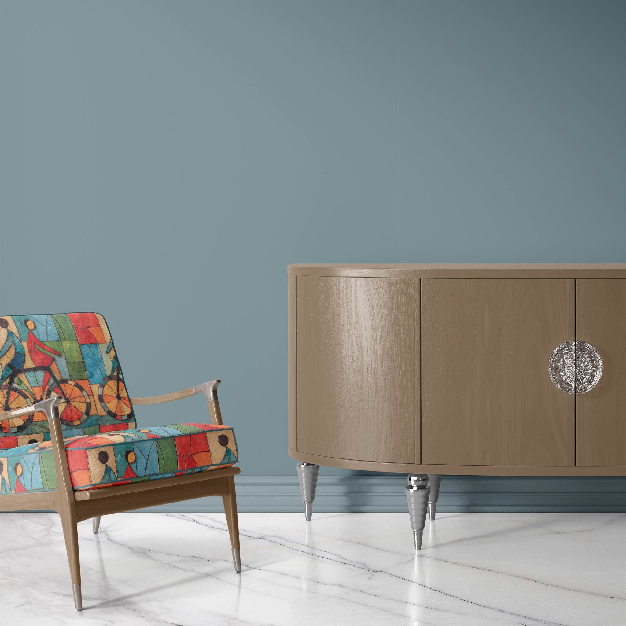 Accent chair upholstered in Mougin No.4 luxury upholstery fabric showing vibrant cycling motif