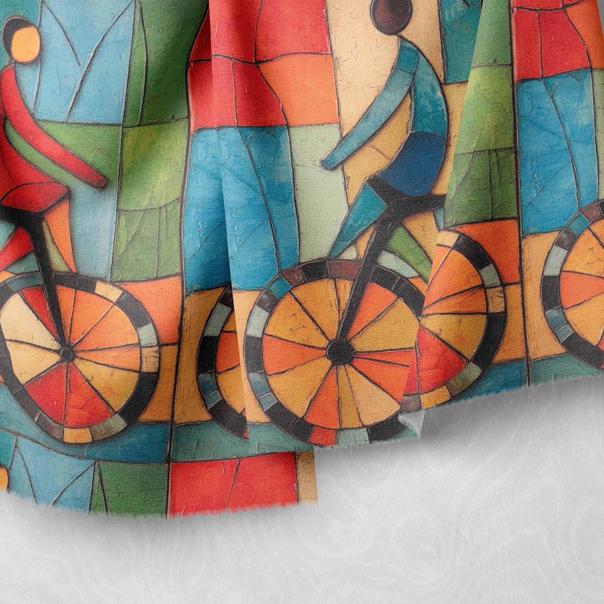 Draped view of Mougin No.4 multicoloured fabric highlighting bold colour blocks and Picasso-style outlines