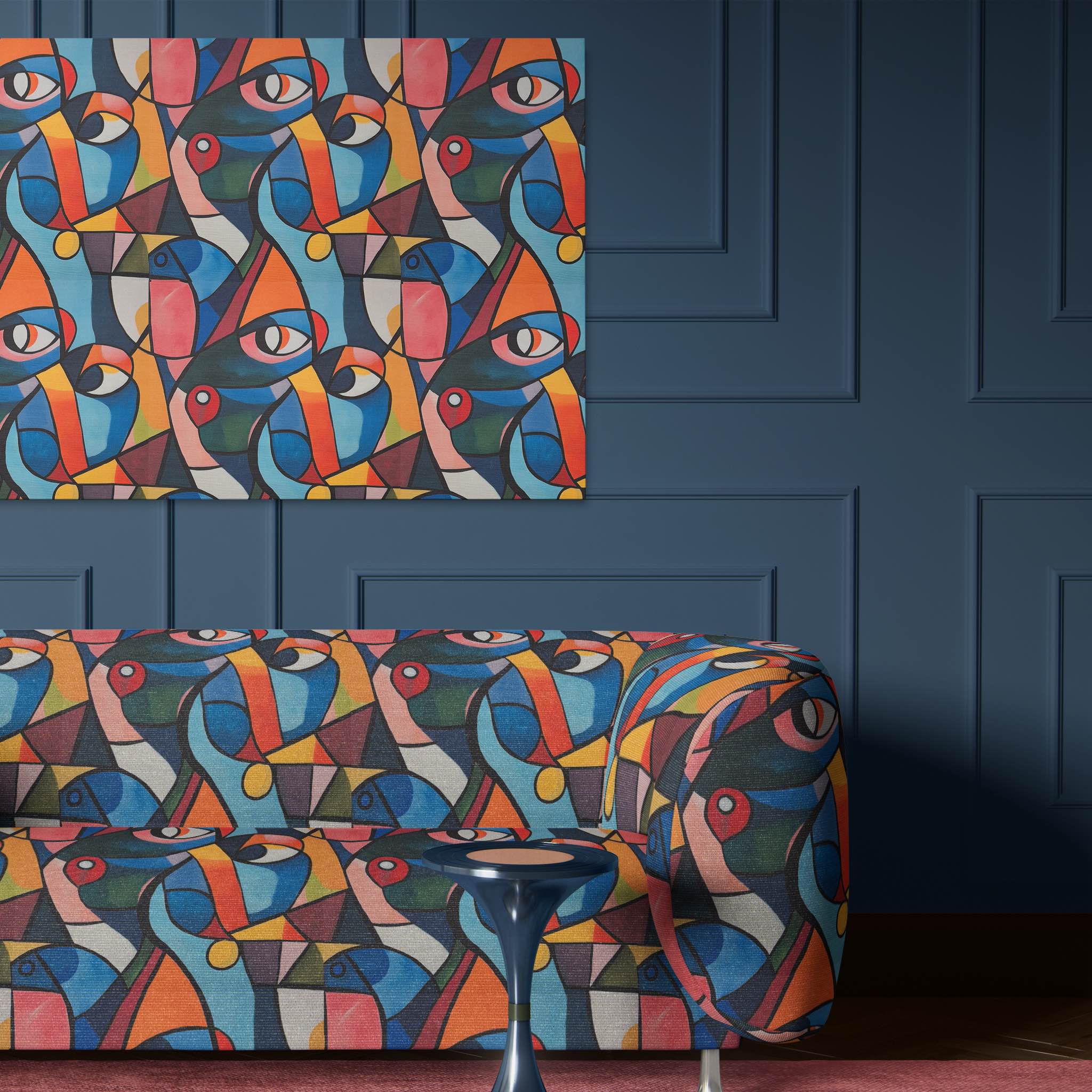 Bold modern chair upholstered in Mougin No.7 Upholstery Fabric Picasso-inspired pattern