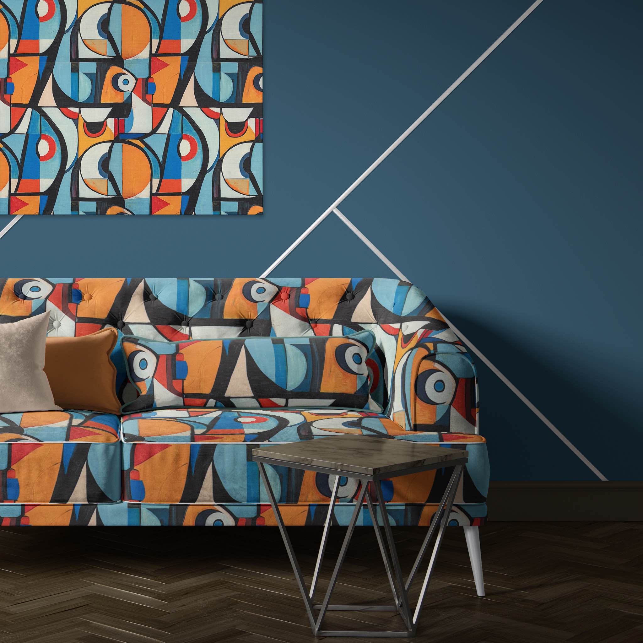 Artistic sofa upholstered in Mougin No.8 abstract Picasso-style upholstery fabric face design