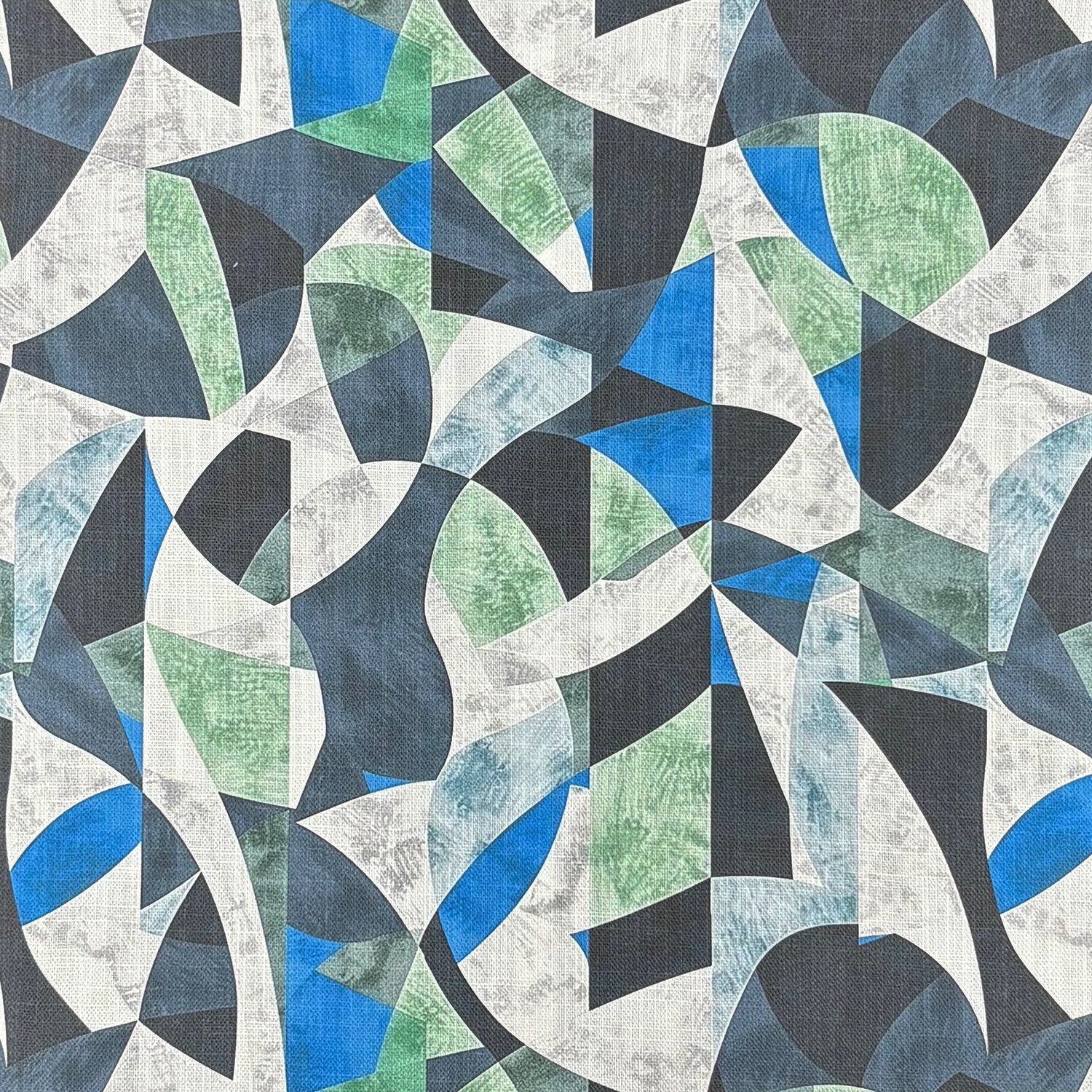 Movements No.11 flat fabric swatch – abstract geometric blue and green upholstery fabric