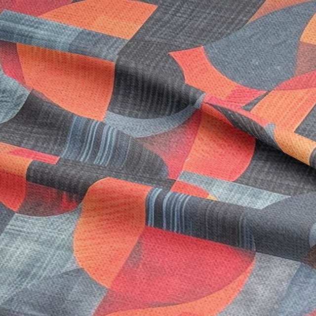 Close-up of artistic blue upholstery fabric with layered crescent pattern and painterly texture