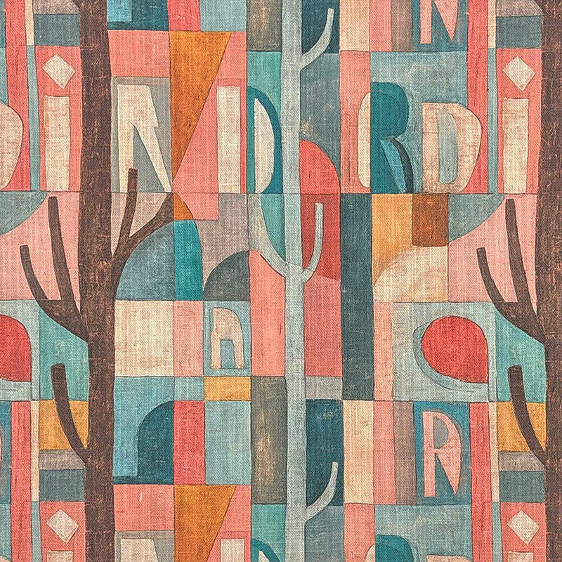 Abstract statement upholstery fabric inspired by Paul Klee with geometric trees and layered multicoloured modernist detailing