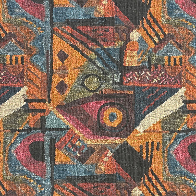 Paul Klee inspired abstract statement upholstery fabric with geometric artistic pattern in ochre, coral, blue and multicoloured tones