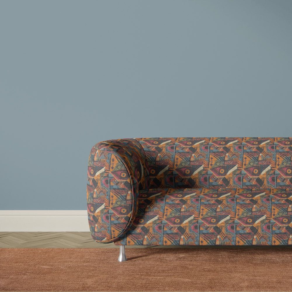 Modern multicoloured abstract upholstery fabric sofa featuring expressive geometric print inspired by Paul Klee artwork