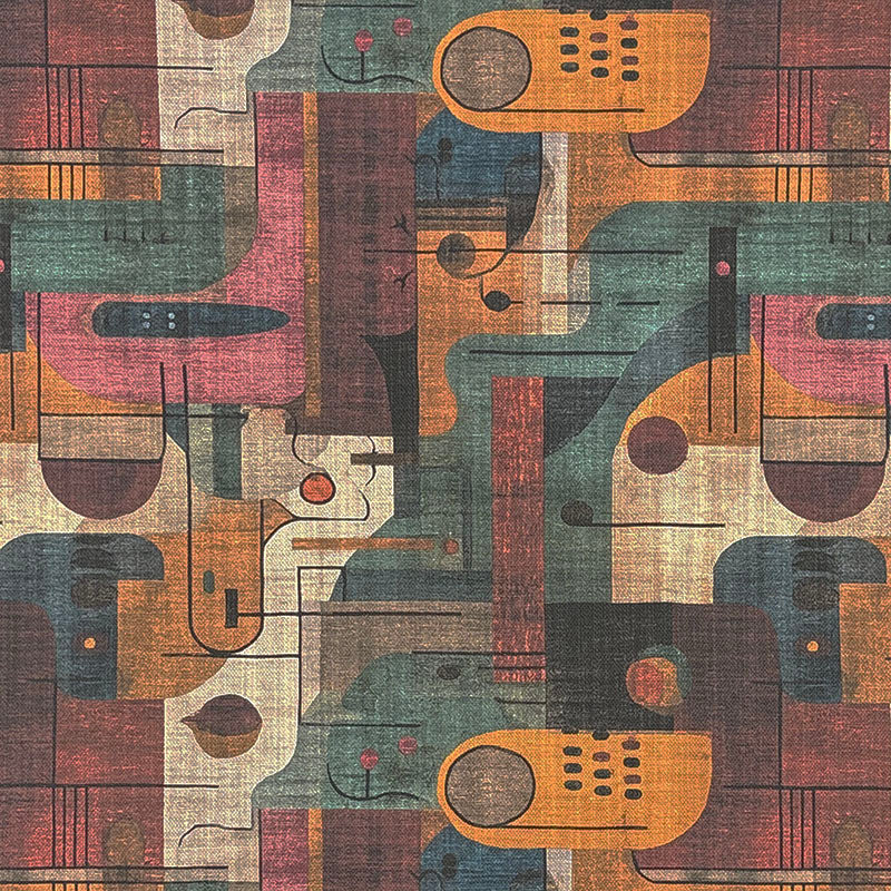 Paul Klee inspired abstract statement upholstery fabric with geometric curves and multicoloured artistic print in teal, ochre and rose tones