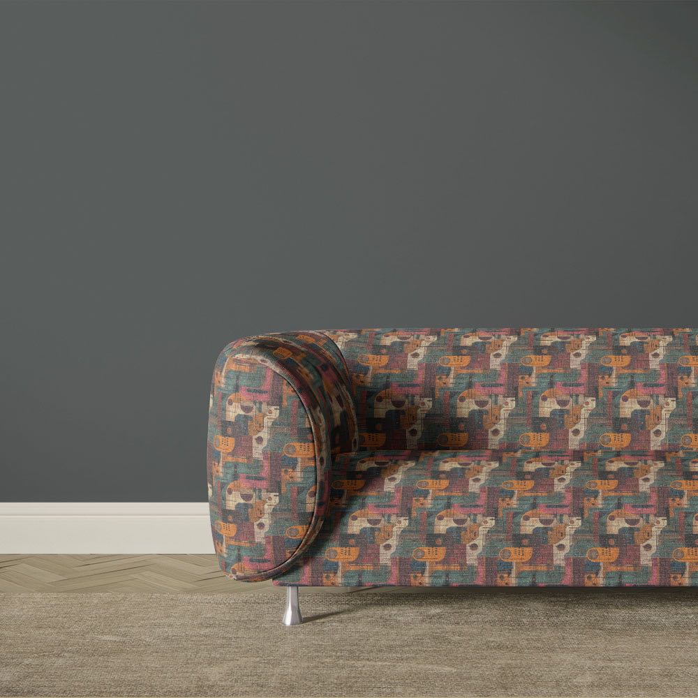 Contemporary multicoloured abstract upholstery fabric sofa with painterly geometric design inspired by Paul Klee artwork
