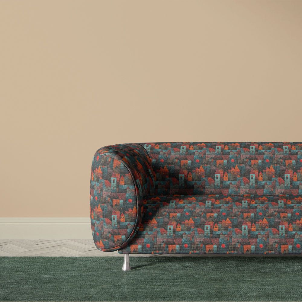 Paul Klee inspired abstract upholstery fabric sofa with geometric architectural pattern in blue and burnt orange
