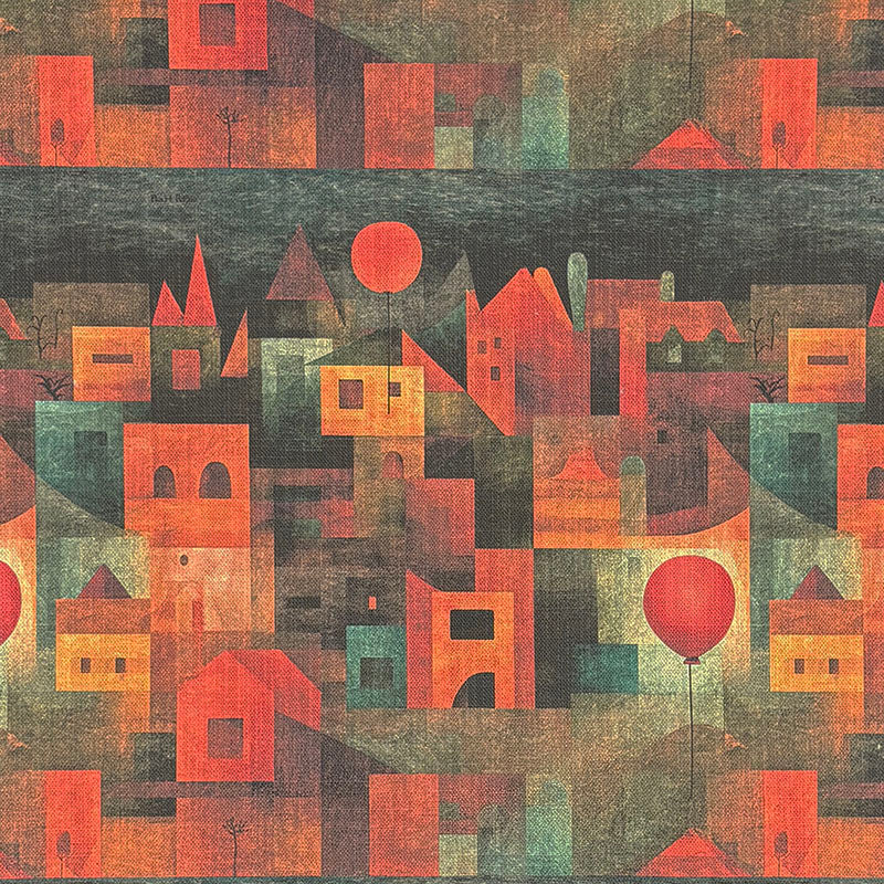 Abstract statement upholstery fabric inspired by Paul Klee with geometric orange village pattern and distressed painterly texture