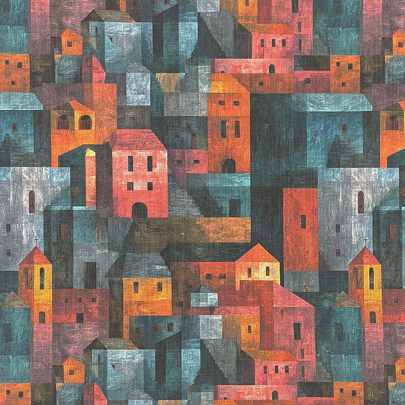 Abstract statement upholstery fabric inspired by Paul Klee featuring geometric architectural pattern in teal blue, coral and terracotta tones