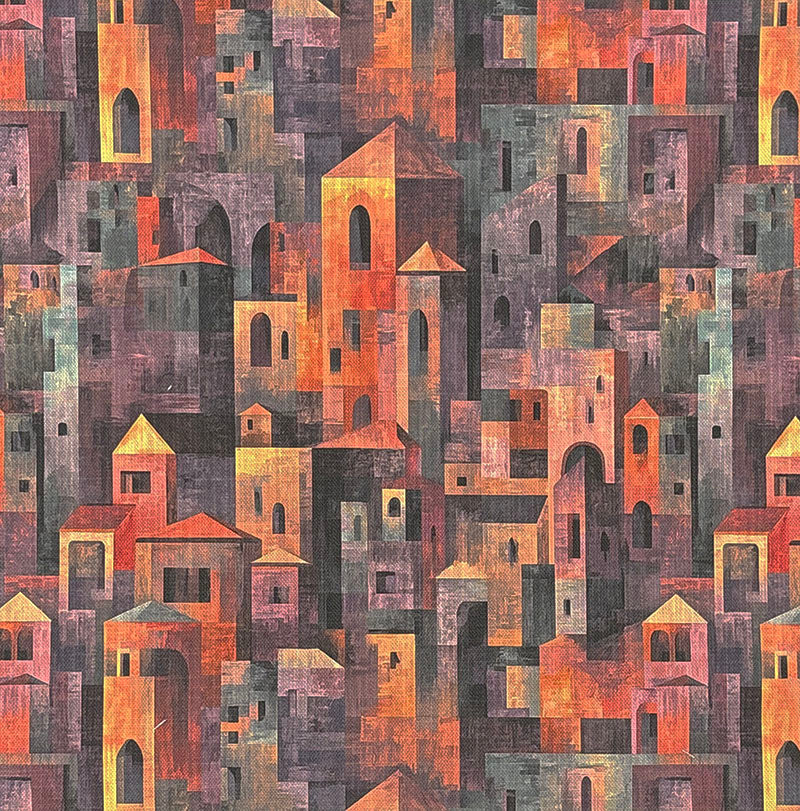 Abstract statement upholstery fabric inspired by Paul Klee featuring layered geometric architecture in terracotta orange, mauve and charcoal tones