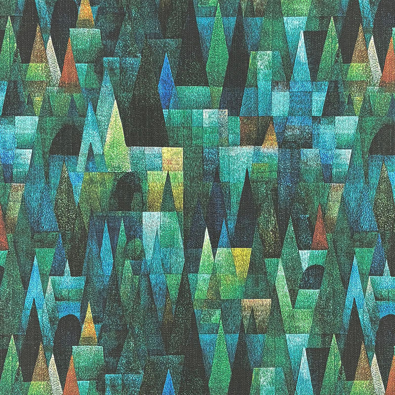 Abstract statement upholstery fabric inspired by Paul Klee with layered geometric forms in emerald green, teal and turquoise tones