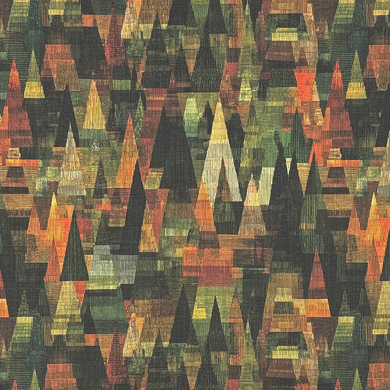 Abstract statement upholstery fabric inspired by Paul Klee with layered geometric forms in forest green, olive and burnt orange tones