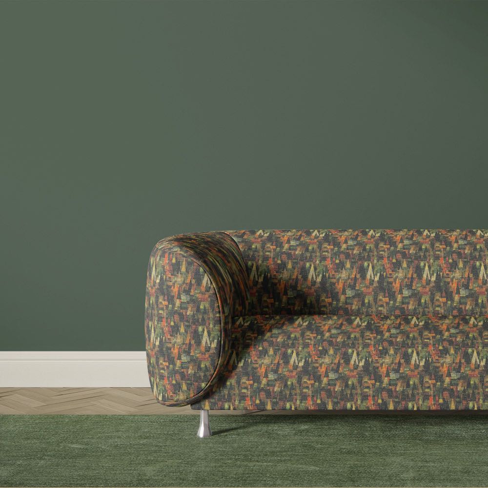 Modern green abstract upholstery fabric sofa featuring geometric painterly print inspired by Paul Klee artwork