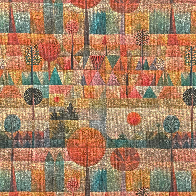 Abstract statement upholstery fabric inspired by Paul Klee with stylised trees and geometric forms in coral, sage green and multicoloured tones