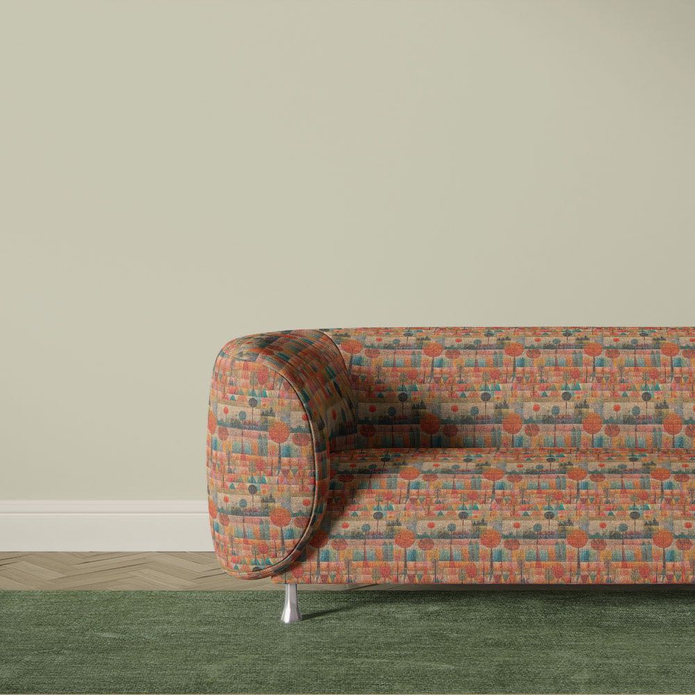Modern multicoloured abstract upholstery fabric sofa with artistic geometric landscape print inspired by Paul Klee artwork