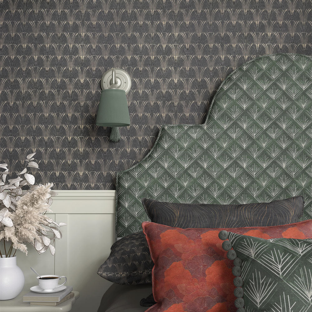 Art Nouveau upholstery fabric headboard in green with repeating leaf motif pattern adding subtle texture and structure to a styled bedroom