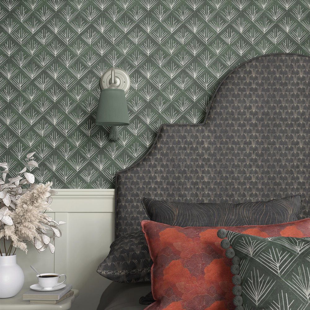 Art Nouveau upholstery fabric headboard in black with elegant repeating fan pattern adding texture and symmetry to a styled bedroom