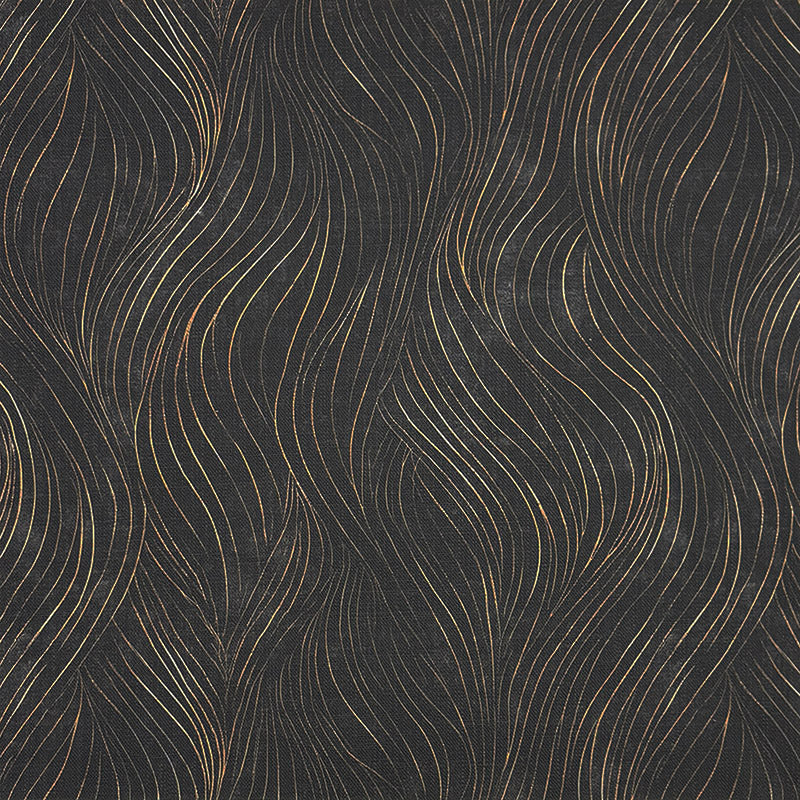 Art Nouveau upholstery fabric in black with flowing gold wave pattern inspired by organic natural forms