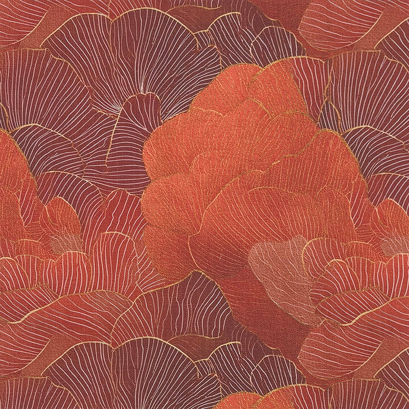 Art Nouveau upholstery fabric in terracotta red with layered floral pattern and fine gold line detailing