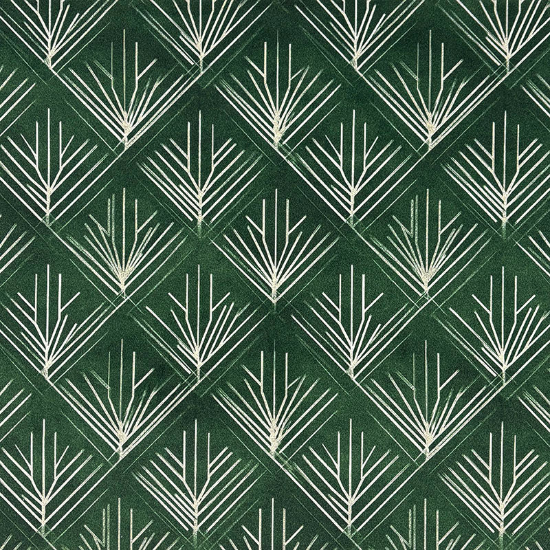 Green printed velvet upholstery fabric featuring Art Deco fan motifs in ivory arranged within a geometric diamond pattern