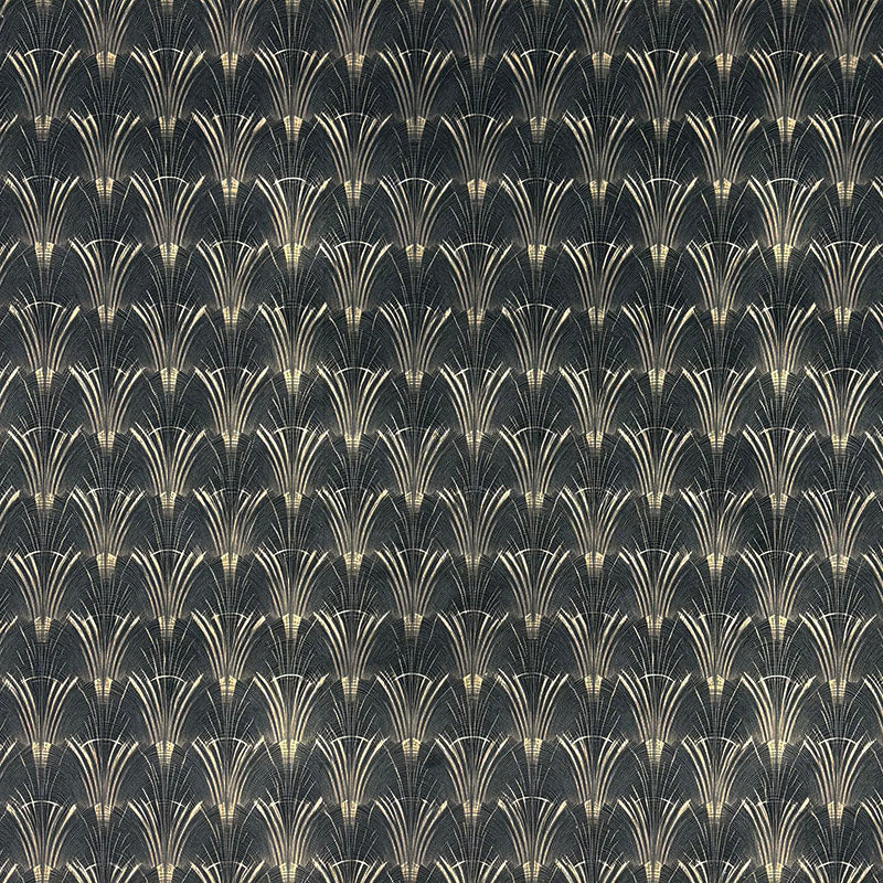 Black printed velvet upholstery fabric featuring Art Deco fan motifs in champagne gold with elegant geometric detailing