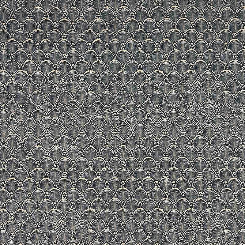 Black and silver printed velvet upholstery fabric featuring repeating Art Deco fan motifs with decorative shell-inspired detailing