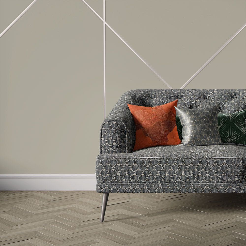 Nouveau Velvet No.12 printed velvet fabric upholstered on sofa showcasing monochrome Art Deco fan pattern in black, charcoal and silver tones