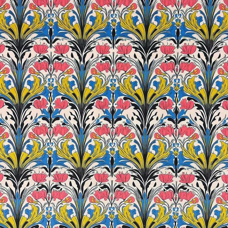 Art Nouveau velvet upholstery fabric featuring colourful floral motifs in blue, yellow and pink with decorative botanical detailing